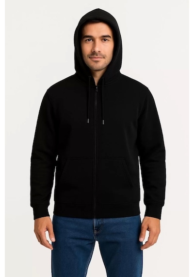 Cvs Giyim Erkek Üç İplik Kapüşonlu Tam Fermuarlı Kanguru Çepli Sweatshirt Hoodie - Siyah Siyah