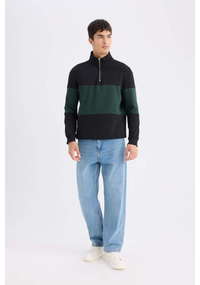 DeFacto Comfort Regular Fit Rahat Kalıp Dik Yaka Fermuarlı Çizgili Kalın Sweatshirt D2401AX24AUBK34