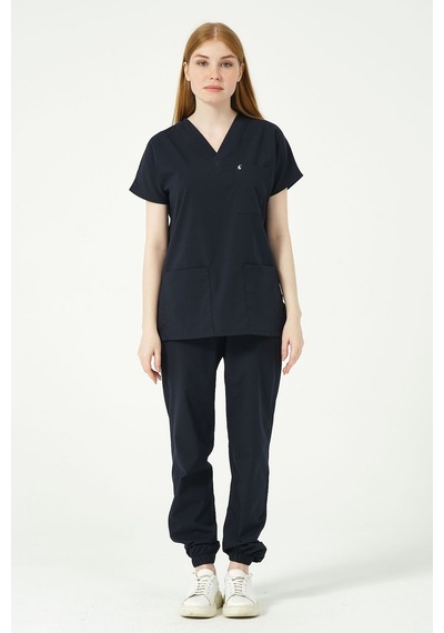Lacivert Likralı Scrubs Jogger Paça Doktor Hemşire Forması Yarasa Kol Takım Unisex