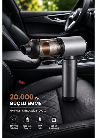 20.000 Pa Kablosuz Araç Süpürgesi 120w Güçlü Emiş 7800 Mah Şarjlı El Süpürgesi 8 Başlıklı Hepa Filtreli Mini Vakum Gri