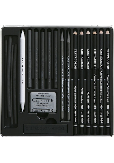 Black Box Charcoal Drawing Set Karakalem Eskiz Çizim Seti Metal Kutu 20 Parça Renkli