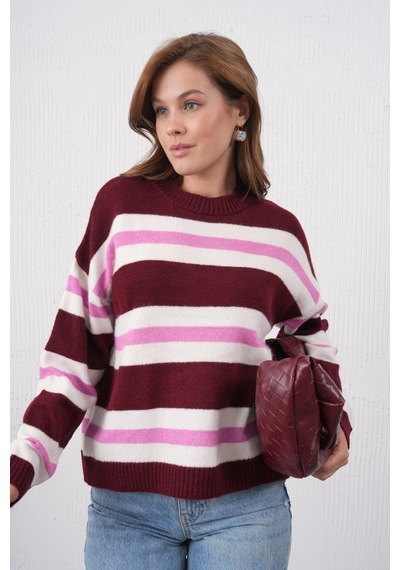 Park Karon Kadın Kemik Bisiklet Yaka Çizgili Oversize Triko Kazak 8655sw Bordo