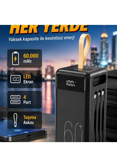 4 Portlu Taşınabilir Powerbank Hızlı Şarj, Led Ekran Ve Fener Renkli