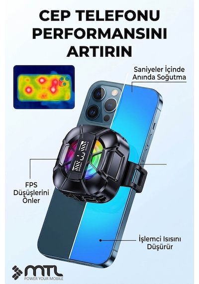Telefon Tablet Soğutucu Fan Magsafe Uyumlu, Klipsli, Rgb, 3 Kademeli Siyah Mt8466