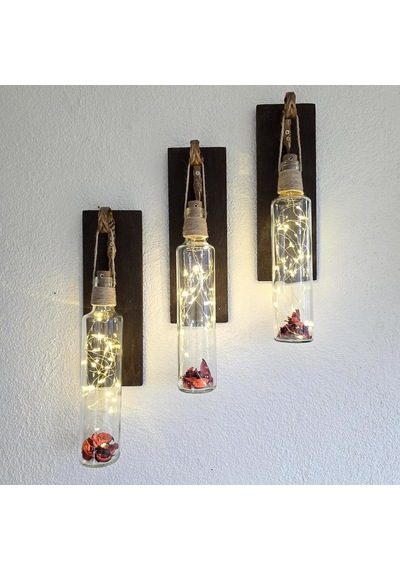 Led Işıklı, Ceviz Renkli Duvar Aplik, 3’Lü Set