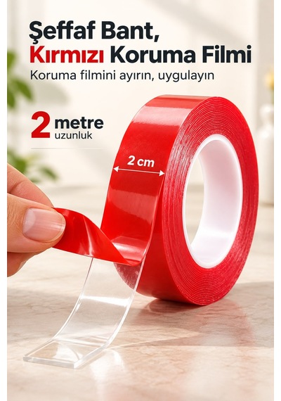 Çok Amaçlı Çift Taraflı Şeffaf Bant 2 Metre X 2 Cm Yıkanabilir
