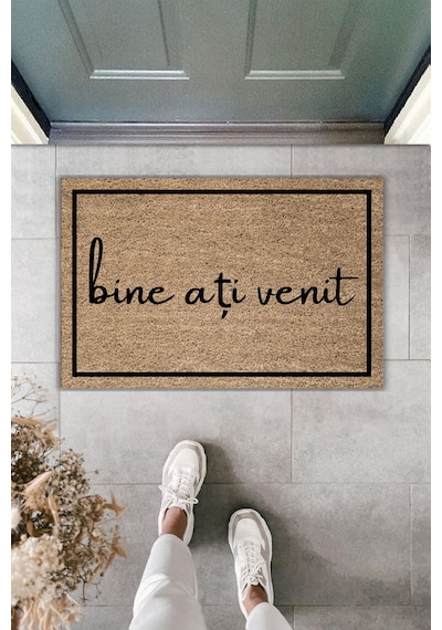 Rugmood Modern Dijital Baskı Çerçeveli Bine Ați Venit Yazılı Kapı Önü Paspası Kahverengi
