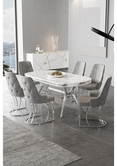 Canisa Epal Serisi 90x168 Lak Panel Beyaz Mermer Desen Masa Takımı Krom Ayaklı 6 Gri Sandalye Masa Beyaz Mermer Desen Sandalye Gri Canisa Epal Serisi 90x168 Lak Panel Beyaz Mermer Desen Masa Takımı Krom Ayaklı 6 Gri Sandalye Masa Beyaz Mermer Desen Sandalye Gri