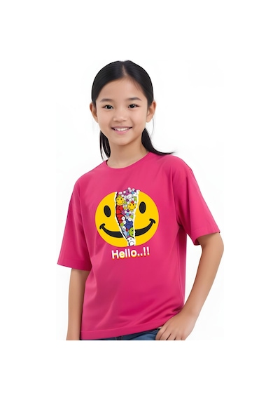 Panios Kids Emoji Baskılı Kız Çocuk Kısa Kollu T-shirt Fuşya