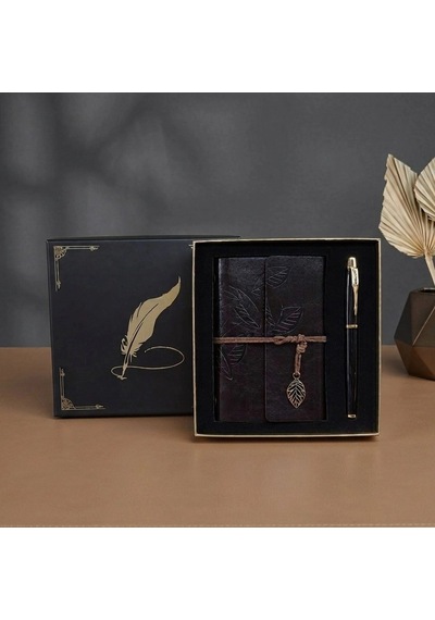 Kutulu Deri Defter Ve Metal Roller Kalem Seti - Yaprak Desenli - Baskıya Uygun