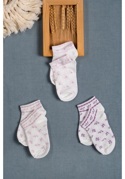 Cocole Socks Kız Bebek Patik Çorabı 3 Lü Set Pamuklu Pembe & Mor Desenli Çok Renkli