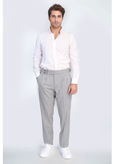 Gri Çift Pileli Tokalı Yüksek Bel Slim Fit Pantolon Wessi Gri