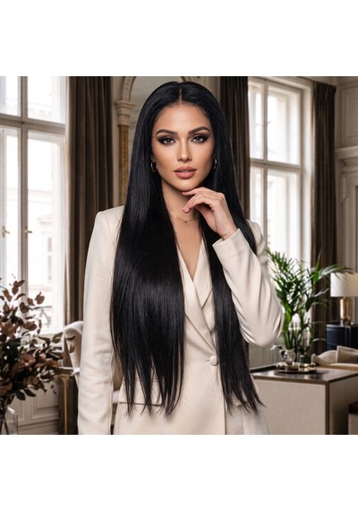 Dip Uç Dolu Doğal Siyah Tül Peruk Front Lace Düz %100 Gerçek Saç - 70-75cm Belirtilmemiş