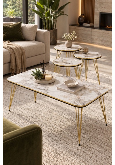 Sulorahome Gold Tel Ayaklı Mermer Desenli 4'lü Sehpa Seti Beyaz Beyaz Mermer