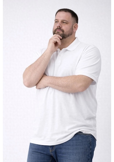 Barlashive Erkek Polo Yaka Düğmeli Tişört Pike Kumaş Battal Beden Kısa Kol T-shirt - Beyaz Çok Renkli