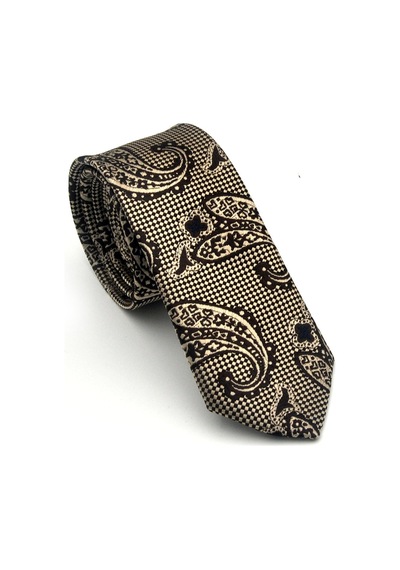 Gaffy Bej Şal Desenli Kahverengi Dokuma Kumaş Mendilli Slim Fit Kravat // Sdk-2606-4 Kahverengi