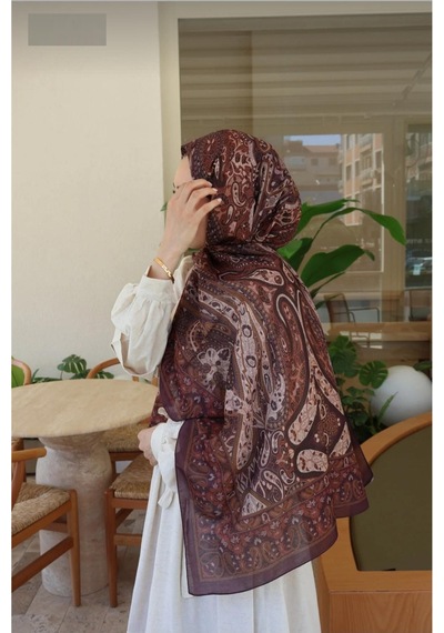 Premium Lux Original Etnik Desen Şal Vual İpek, 1. Sınıf, Hafif, Rahat, Şık, Tesettür Giyim Kahverengi