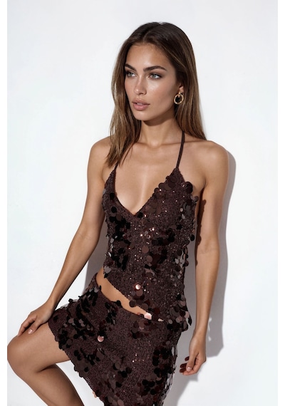 Hiccup Busem Pullu Halter Crop Üst Kahverengi
