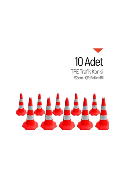 10'lu Tpe Trafik Konisi Seti 52 Cm Çift Reflektifli Trafik Dubası-3620