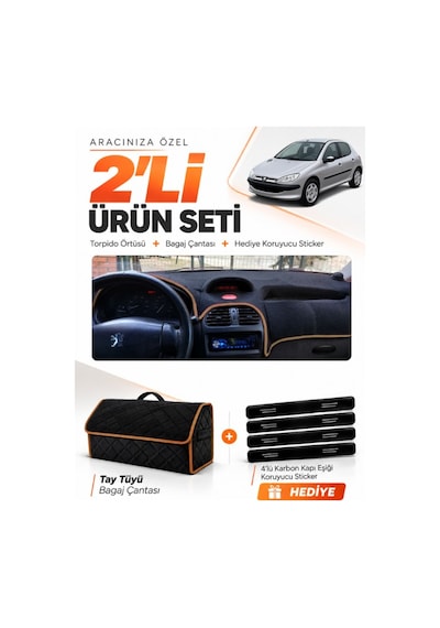 Peugeot 206 Büyük Ekranlı 1998-2009 Uyumlu Torpido Örtüsü + Tay Tüyü Çanta Seti - Siyah Kahverengi