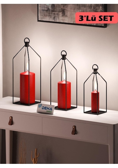 Metal Kafes 3 Lü Set Mumluk Fener Dekoratif Mumluk Ferforje Şamdan Siyah