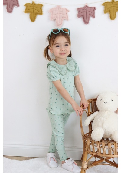 Harika Kids Kız Çocuk Çiçek Baskılı Raporlu Kumaş Basic Alt Üst İkili Takım 001