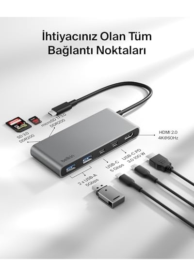 Usb-c Hub, 7 Portlu, 60 Hz De 4k Hdmı Ekran Desteği, Sd Ve Microsd Yuvaları, 100 W Güç İletimi, 5 Gbps Veri Aktarımı, Macbook, İpad Pro, Chromebook İçin Usb-c Çoklu Port Adaptörü, Hdmı 2.0, Gri
