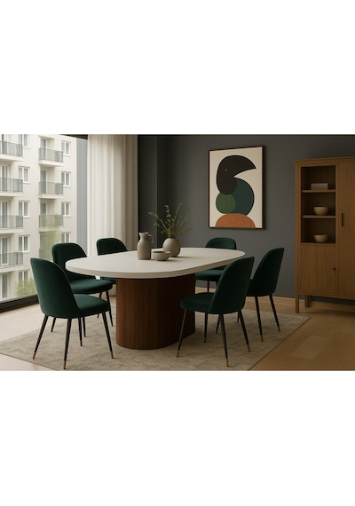 Dolunay 180x90x75cm 36mm Kalın Kenarlı Oval Beyaz Sütunlu Yemek Masası Sadece Masadır Ceviz