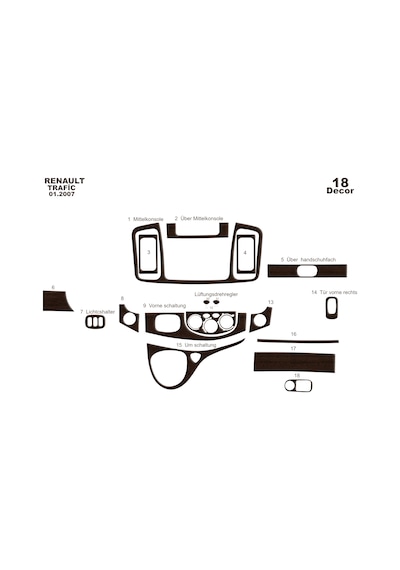 Opel Vivaro - Traffic Torpido Kaplama 2007-201 18 Parça Koyu Meşe