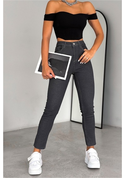 Femelle Gri Yüksek Bel Paçası Kesik İçi Şardonlu Slim Fit Mom Jean