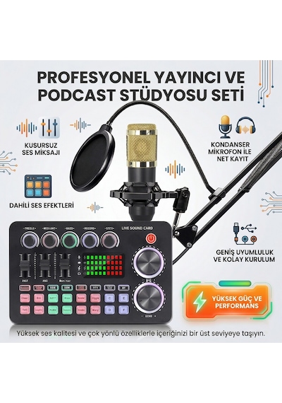 Profesyonel Podcast Yayıncı Mikrofon Seti Ses Kartlı, Efektli, Canlı Yayın & Stüdyo Kiti