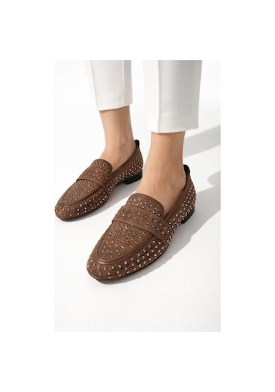 Mery Ceyn Taşlı Küt Kare Loafer Şık Babet Kahverengi