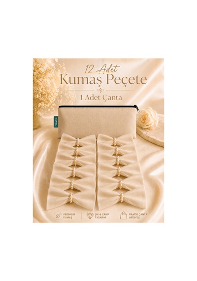 Bej 12'li Kumaş Peçete Ve Inci Sunum Yüzüğü Özel Dikişsiz Jarse Kumaş Bej Bej