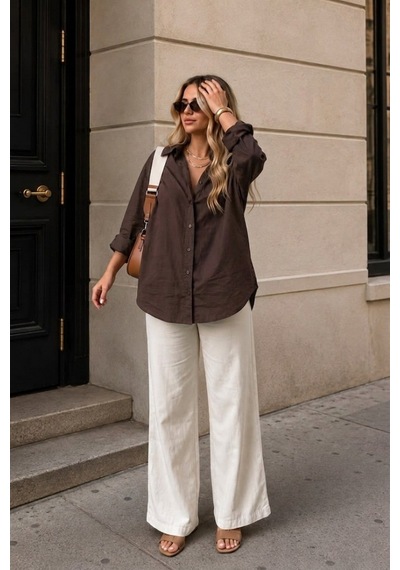 Seeh Kahverengi Oversize Basic Kadın Gömlek Sh268