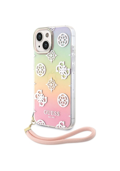 Apple Uyumlu iPhone 15 Plus Kılıf Guess Lisanslı Yazı Logolu Askı İpli Holografik Glitter Peony
