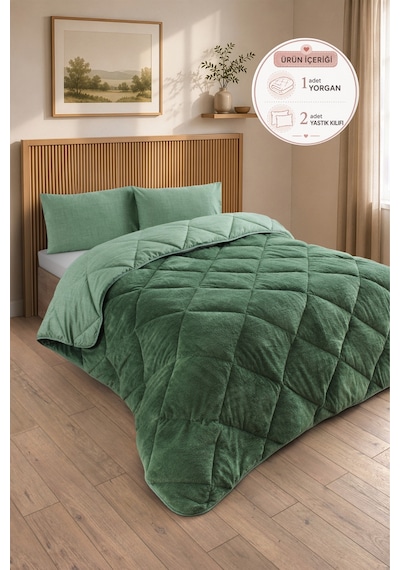 Premium Çift Taraflı Wellsoft Yorgan Seti Battal Boy 215x235 Cm 2 Adet Yastık Kılıflı Adaçayı