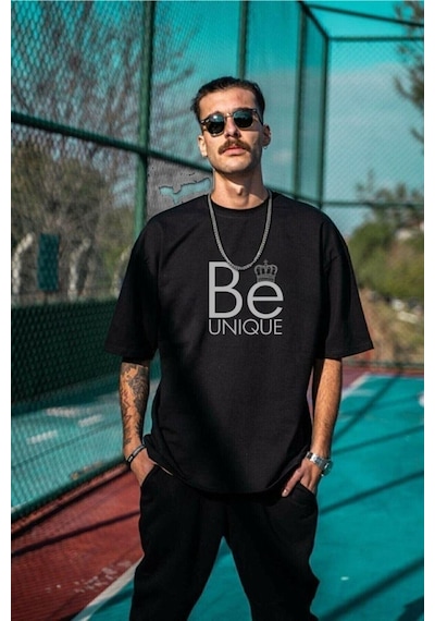 Flood Of Style Erkek Siyah Be Unique Baskılı Oversize Bisiklet Yaka Kısa Kollu T-shirt