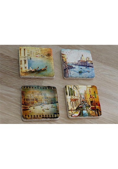 Venedik Manzaraları Doğal Taş Bardak Altlığı 4'lü Set - Natural Stone Coasters - Taş Çok Renkli