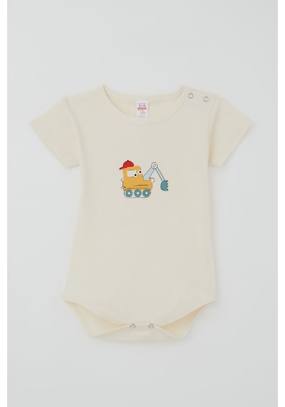 Breeze Erkek Çocuk Çıtçıtlı Kısa Kollu Zıbın Body Şapkalı Sevimli İş Makinesi Baskılı 1-3 Yaş , Krem