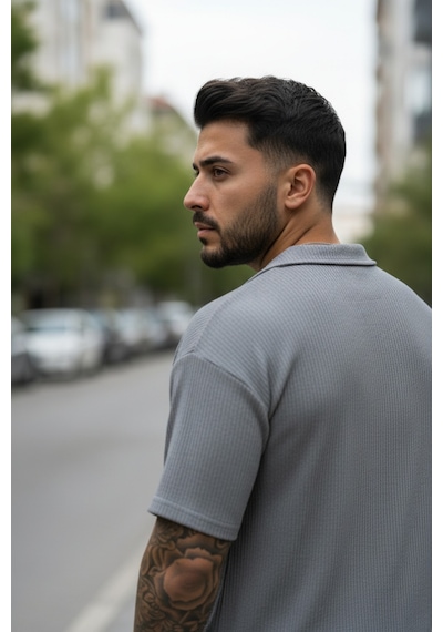 Fifty Color Unisex Trend Bürümcük Krinkıl Kumaş Yazlık Likralı Kısa Kol Gömlek Ve Eşofman Takım Gri