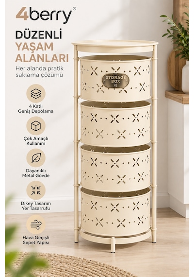 4 Katlı Metal Çok Amaçlı Düzenleyici Sepet Mutfak Sebzelik, Oyuncak, Banyo Ve Ev Organizeri Krem