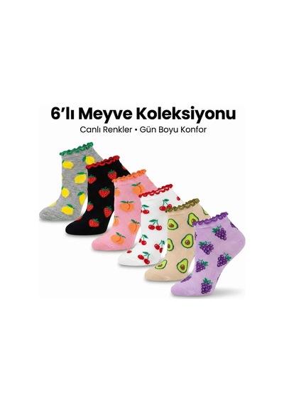 DS Wak Kadın Meyve Desenli Fırfırlı Soket Çorap 6 Lı Set Renkli, Yumuşak Ve Rahat Bilek Çorabı Çok  Renkli