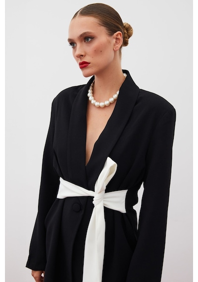 Sateen Beli Kuşaklı Uzun Ceket - Siyah