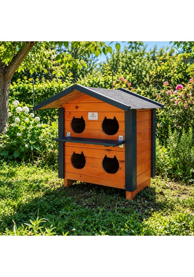 4 Yuvalı Ahşap Kedi Evi Dış Ortam