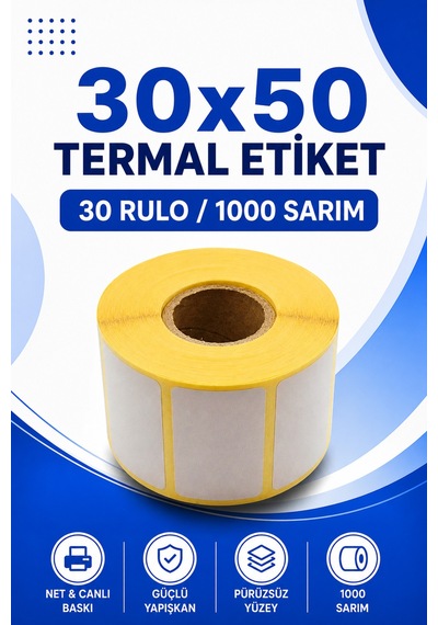 30x50mm Termal Etiket 10 Rulo 1000 Sarım Ribonsuz Kargo, Lojistik, Depo Yapışkanlı 1