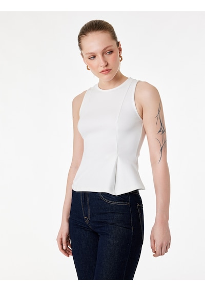 Koton Slim Fit Kolsuz Bisiklet Yaka Peplum Bluz Ekru 6sak10097ek