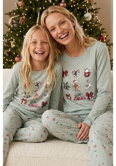 Siyah İnci Yılbaşı Temalı Pamuklu Likralı Örme Pijama Takım26241180 Yeşil