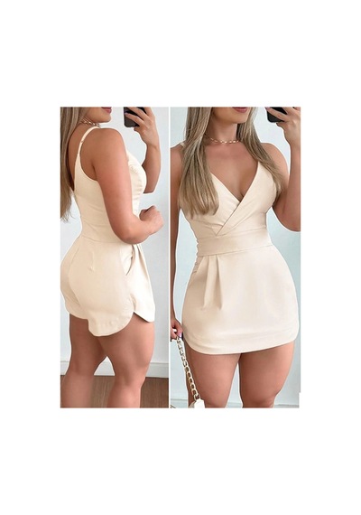 Butik İstanbul Kadın Ip Askılı Kruvaze Yakalı Cep Detaylı Ithal Krep Short Etek Tulum Bej