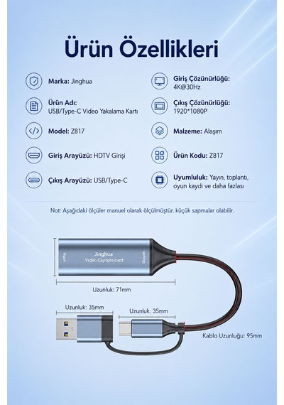 Usb Type-c Çift Başlıklı Video Yakalama Kartı, 4k 30hz Hdmı Giriş 1080p Çıkış, Canlı Yayın Toplantı Oyun Kayıt Aparatı, Usb-c Usb-a , Tak Çalıştır Z817