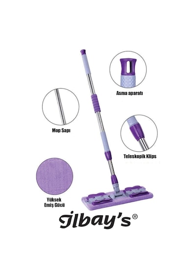 İlbay's Mikrofiber Mandallı Yer Mopu Mor + Yedek Mop
